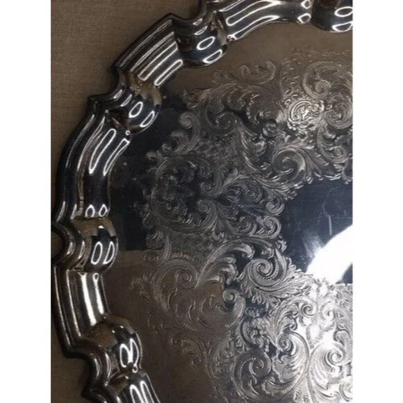 Vintage Frank Hawker England Crafton Round Silver Plate Tray w Stepped Edges 10